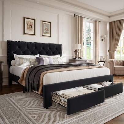 Cama matrimonial con 2 cajones, tapizada en terciopelo vintage con soporte de listones de madera y cabecero capitoné con botones. No necesita somier. Silencioso. Color negro