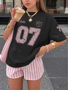 1pc Girls' Casual Letter Print Round Neck Short Sleeve T-Shirt, Summer Student Young Casual Wear - Minimalist English Letter Style T-Shirt Inspiring Imagination And Self-Expression - Black - View 3