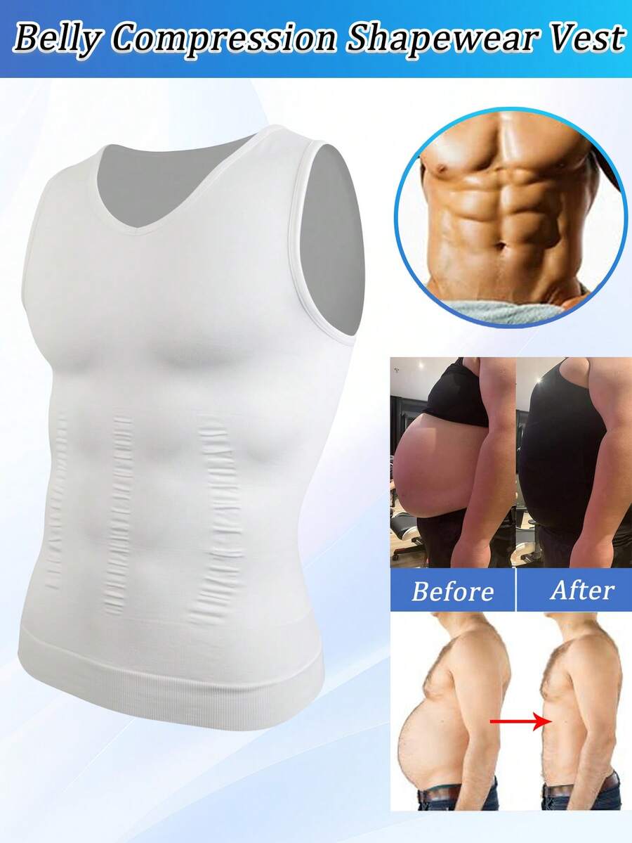 Shapewear Tank Top For Mens Tummy Control Compression V-Neck Vest Underwear Slimming Belly Boobs Gynecomastia Muscle Shirts Body Shaper Undershirts Training Sports Gym Fitness - 白色 - 查看 1