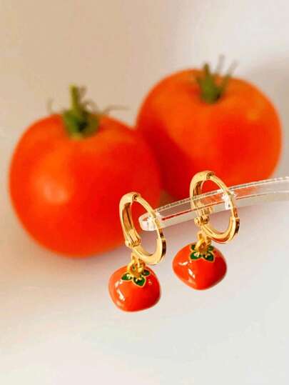 1 Pair Cute 18K Gold Plated Tomato Shaped Pendant Earrings, Suitable For Daily And Vacation Wear, Jewelry Gift For Friends