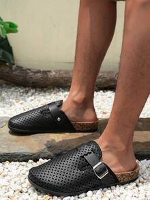 男士穆勒鞋，新款春季复古休闲一脚蹬鞋，宽松舒适，闭趾平底穆勒鞋，配有可调节绑带，有四季皆宜的非抓绒款和秋冬季保暖款可选。 - 黑色洞洞1 - 查看 4