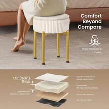 18Inch Velvet Vanity Stool Chair With Storage Vanity Bench With 4 Golden Metal Legs And AntiSlip Adjustable Feet Round Storage Ottoman Stool With Removable Soft Padded Seat Beige - 米色 - 查看 5