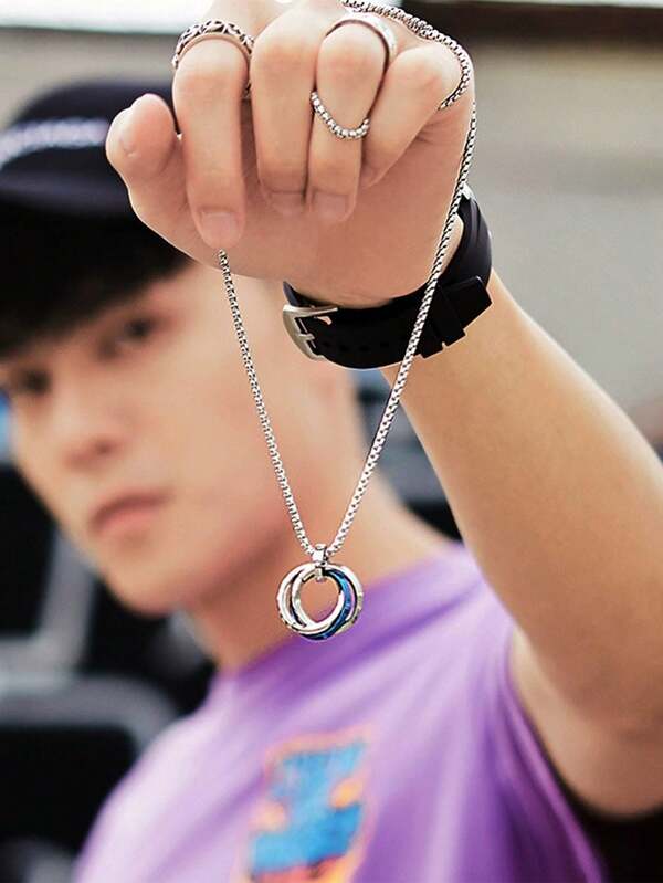 New European And American Cross-Border Source, Titanium Steel Triple Ring Pendant Blue Necklace, Korean Hip-Hop Fashion Black Pendant Necklace, Three Worlds Lovers Golden Necklace