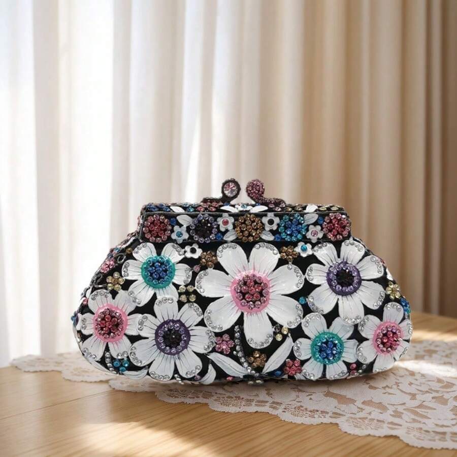Women Sparkly Crystal Clutch Purse Diamond Round Rose Flower Evening Bag Formal Rhinestone Handbags Wedding Purse - Black - View 1