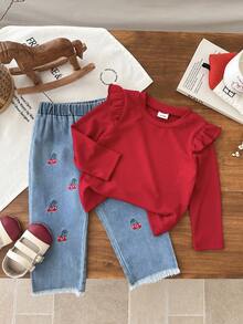 2 件女婴盖袖长袖 T 恤和樱桃刺绣直筒牛仔裤，复古街头可爱装扮，适合外出、居家、派对 - 紅色 - 查看 6