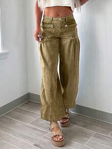 Fashionable Personalized Street Style Commuting Design Pleated Front Pocket Women Loose Straight Leg Jeans - Green - View 3