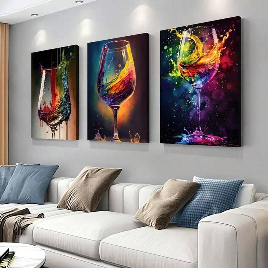 Juego de 3 piezas, Impresiones de arte en lienzo 2D, Decoración de estilo abstracto de copa de vino, Carteles de pintura de acuarela colorida, Adecuado para uso en interiores y exteriores, Decoración para el hogar, oficina, sala de estar, dormitorio, baño, comedor, Decoración con tema de dibujos animados - Multicolor - Ver 1