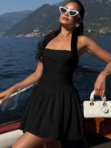 全白露背街头性感露背连衣裙度假A字下摆修身荷叶边下摆连衣裙 - 黑色 - 查看 5