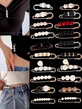 20pcs/15pcs/10pcs/7pcs/6pcs/5pcs Pearl Brooch Clips - Waist Cincher, Decorative Accessory, Prevent Wardrobe Malfunction, Suitable For Women Skirts, Jeans