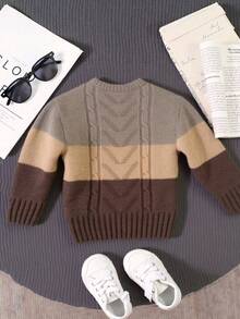 Sueter sweater infantil color-block Punto trenzado cuello redondo manga larga invierno frio comodo suave multicolor casual. - Beis - Ver 4