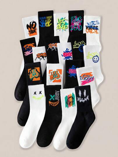 10/5 Pairs Of Random Black And White Boys' Small Leg Socks, Spring, Autumn, Winter. Teenagers' Graffiti Casual Sports Socks, Street Style, Fashionable