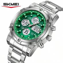 SKMEI 2556 男士防水数字手表豪华商务腕表 3 时间显示 LED 灯不锈钢闹钟夜光