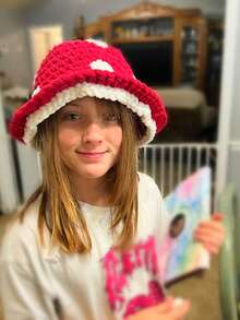 1pc Women's Red Bucket Hat, Cute Mushroom Bucket Hat, Handmade Crochet Thick Warm Knit Cap, Fairy Forest Hat, Casual Daily Hat