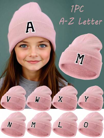 1 pièce Chapeau tricoté pour enfants avec motif de 26 lettres A-Z, bonnet chaud pour bébé, adolescent, étudiante, à porter au quotidien