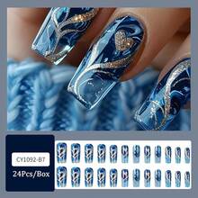 Medium Coffin Shaped Press On Nails Golden Glitter Stripe Acrylic Nails With Heart Love Designs Full Cover Gradient False Nails Stick On Nail For Women DIY Manicure Decoration 24 Pcs - 樣式 16 - 查看 3