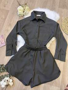 WOMEN'S SHIRT AND SHORTS SET SP013 - Dark Grey - View 5