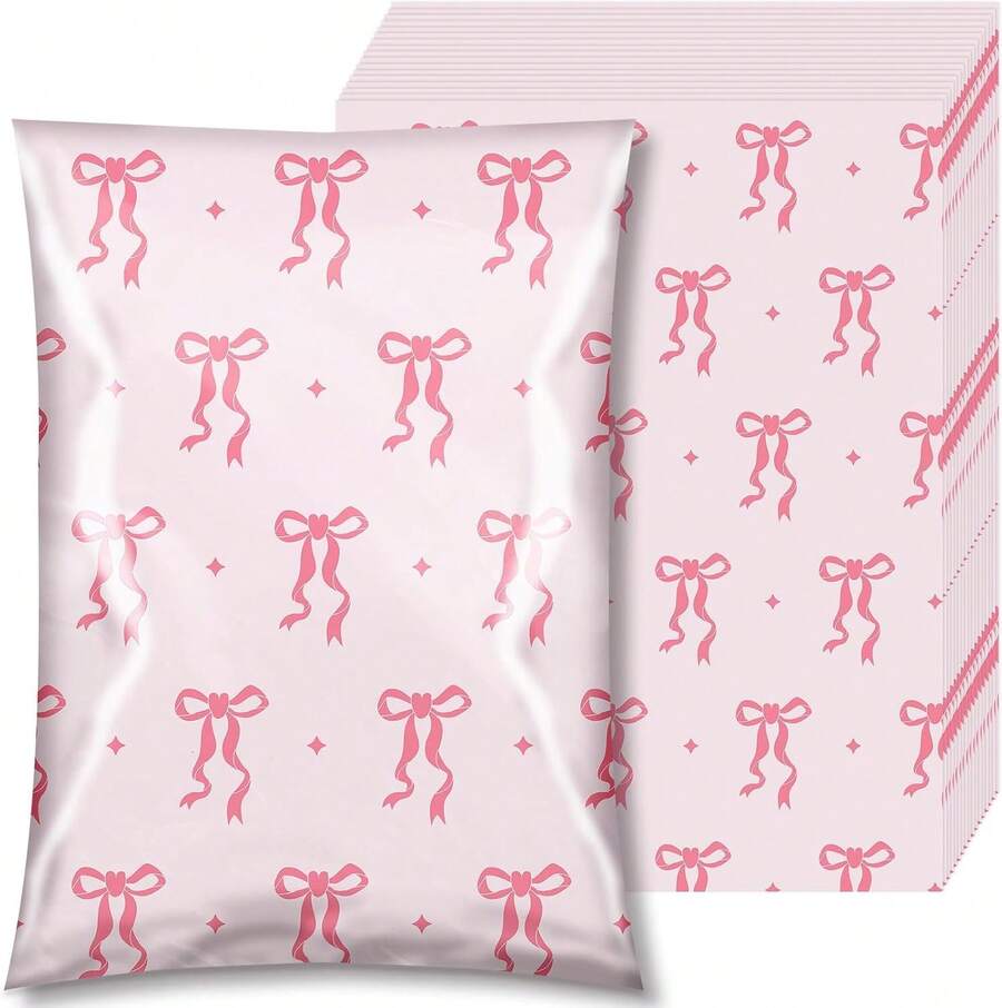 50pcs Pink Pattern Waterproof Mailing Bags,Bow - Patterned Pattern, Sweet & Girly Design,Applicable For Office, Students, Apparel Packaging Back To School