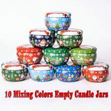 10Pcs Christmas Themed Candle Jars, 2.2 Oz Metal Candle Jars, Perfect For DIY Candle Projects. It Is A Very Good Choice For Beginners And Handmade Enthusiasts, And Also A Perfect Gift For Birthdays Or Thanksgiving., Christmas Decorations, Christmas Gifts - Multicolor - View 9