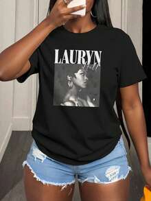 1 Stück Tween Mädchen Lässig bedrucktes Rundhals Kurzarm T-Shirt, Sommer Schüler Jugendmode - Minimalistischer englischer Buchstabenstil T-Shirt, der Fantasie und Selbstausdruck inspiriert, LAURYN Ohrringe tragend schön - Schwarz - Übersicht 6