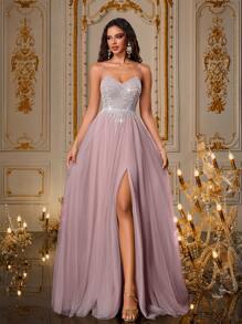 VIPGIRL 薰衣草色吊带高开衩亮片薄纱礼服，串珠晚礼服，多层公主风舞会礼服，优雅紫色舞会礼服