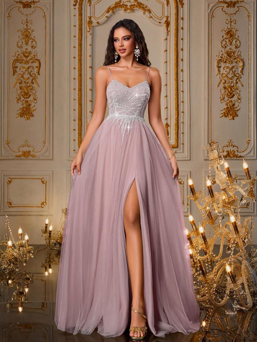 VIPGIRL 薰衣草色吊带高开衩亮片薄纱礼服，串珠晚礼服，多层公主风舞会礼服，优雅紫色舞会礼服