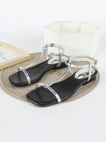 女士银色高跟凉鞋，2厘米低跟粗跟凉鞋，简约套脚凉鞋，舒适时尚 - 銀色 - 查看 2