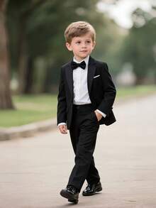 三件套男童正装，适合婚礼等场合，黑色西装外套、裤子和领结。