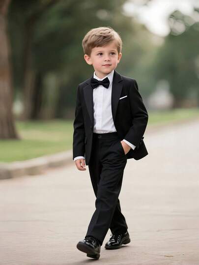 3-delad formell kostym för unga pojkar, lämplig för bröllop, barnkostymer för unga pojkar, svart kavaj, byxor, fluga