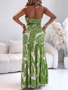 Women's Tropical Ruched Dress, Waist Cutout Design, Ruffle Hem, Fitted Silhouette, Fashionable And Unique, Suitable For Vacation, Beach Party And Summer Wear - Green - View 3