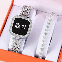 1 Set Women's Electronic Watch With Bracelet, Square LED Ladies Watch, Alloy Material, Fashionable Touch Screen Electronic Watch For Students - Silver - View 5