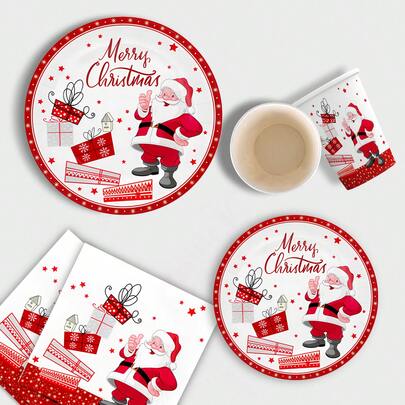 10pcs/20pcs/50pcs/80PCS Red Christmas Party Supplies Santa Claus Paper Plates Napkins Cups With Santa Gift DesignmTableware Kit For Xmas Holiday New Year Merry Christmas Dinner Table Decorations