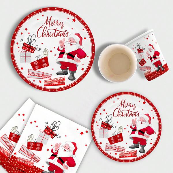 10pcs/20pcs/50pcs/80PCS Red Christmas Party Supplies Santa Claus Paper Plates Napkins Cups With Santa Gift DesignmTableware Kit For Xmas Holiday New Year Merry Christmas Dinner Table Decorations