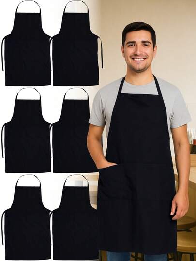 Mandil largo con bolsas y cierre oculto tipo carnicero hecho en poliéster paquete de 6 piezas ropa protección cocina profesional resistente fácil lavar presentación moderna cómodo accesorios chef