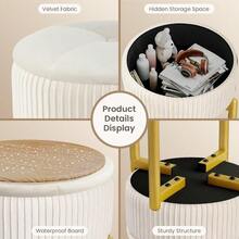 18Inch Velvet Vanity Stool Chair With Storage Vanity Bench With 4 Golden Metal Legs And AntiSlip Adjustable Feet Round Storage Ottoman Stool With Removable Soft Padded Seat Beige - 米色 - 查看 3
