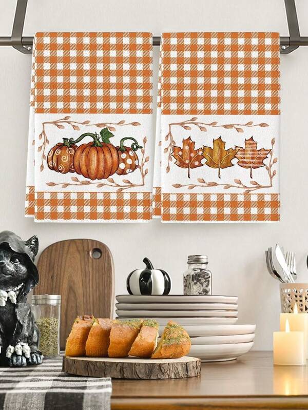 2 Stück Orange Streifen Polka Punkt Kürbis Herbst Küchentücher, Thanksgiving Geschirrtücher Herbst Orange Weiß Lappen, für Halloween Thanksgiving Küche Kochen und Backen, 16x24 Zoll Bauernhaus Ahornblätter Deko Handtücher Küchendekoration