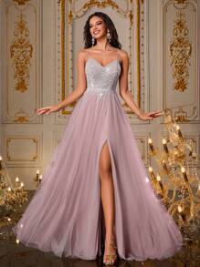 VIPGIRL 薰衣草色吊带高开衩亮片薄纱礼服，串珠晚礼服，多层公主风舞会礼服，优雅紫色舞会礼服