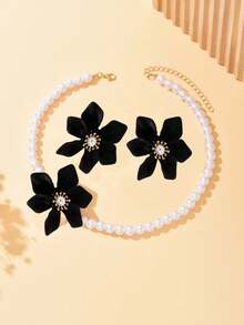 3pcs Elegant Necklace + Earrings Jewelry Set For Women, French Romantic Palace Style, Faux Pearl, 3D Red Woven Acrylic Flower Design, Suitable For Daily Wear, Banquet, Luxury Gift - Black - View 4