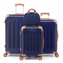 SUNROAD A Stylish Set Of ABS Suitcases With Vertical Stripes, Four-In-One Design With Handles And Universal Wheels. Available In 20in, 24in, 28in Sizes And 12in Carrying Case, Featuring ABS Aluminum Golden Pull Rods In A Fashionable Rose Gold Color Scheme - 藍棕色 - 查看 1