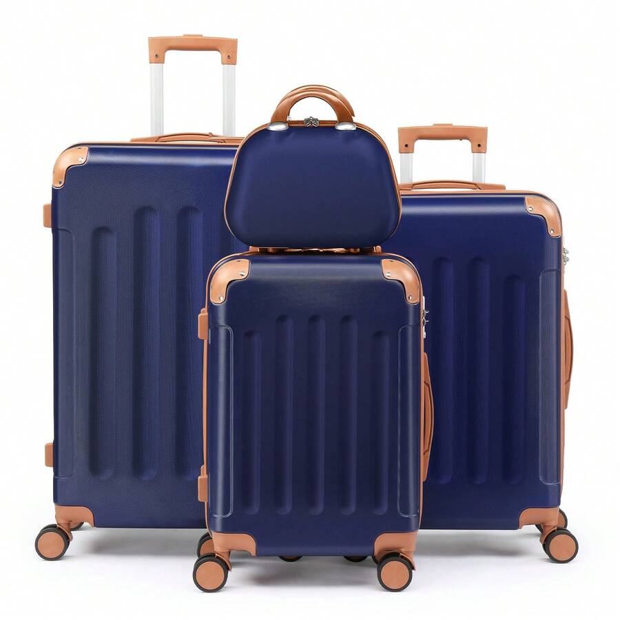 SUNROAD A Stylish Set Of ABS Suitcases With Vertical Stripes, Four-In-One Design With Handles And Universal Wheels. Available In 20in, 24in, 28in Sizes And 12in Carrying Case, Featuring ABS Aluminum Golden Pull Rods In A Fashionable Rose Gold Color Scheme - 藍棕色 - 查看 1