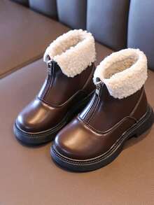 1 Pair Children's Boots With Front Zipper, Warm Thermal Lined, Non-Slip Soft Sole, Solid Color, Suitable For Autumn/Winter - Brown - View 1