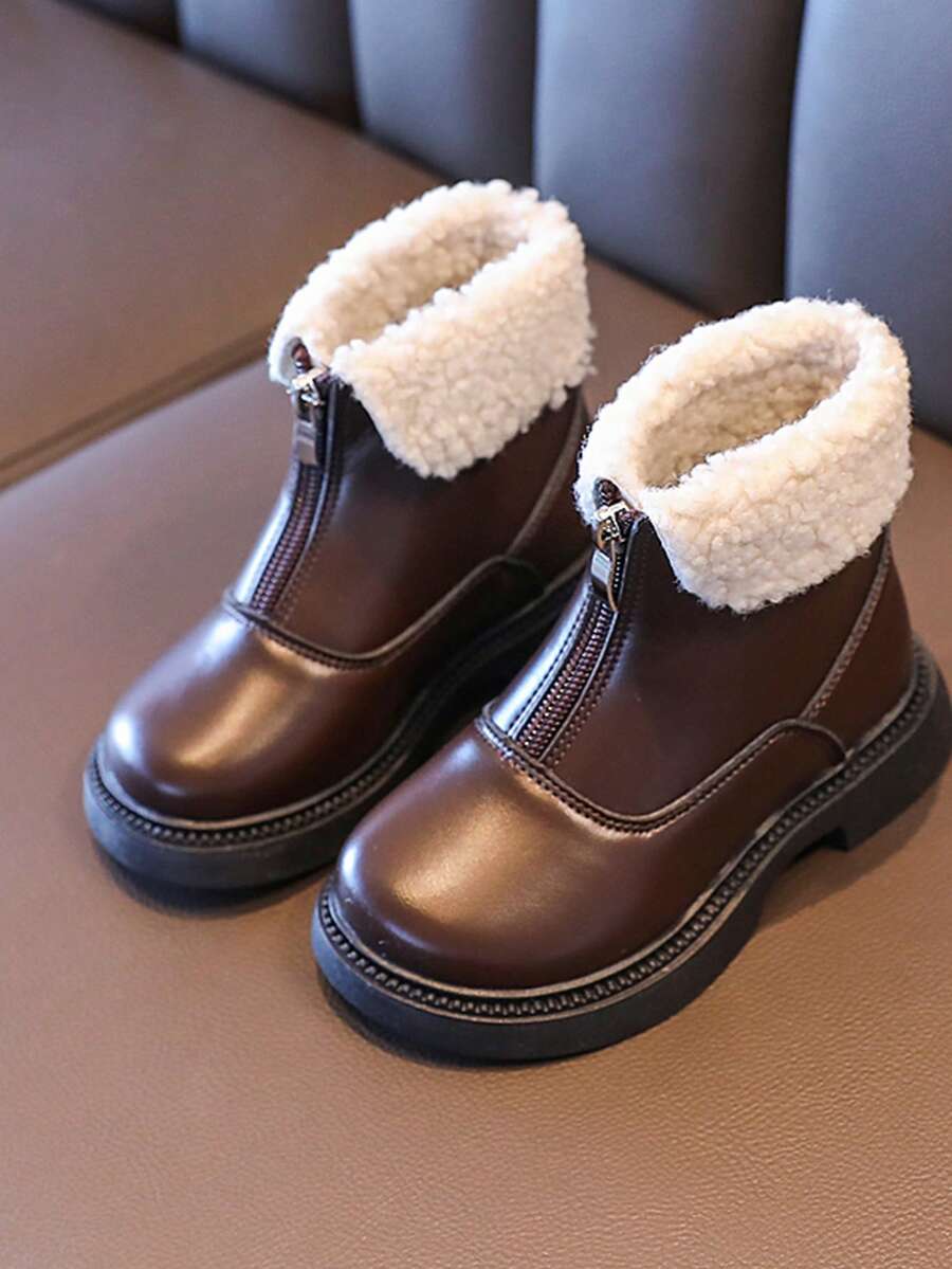 1 Pair Children's Boots With Front Zipper, Warm Thermal Lined, Non-Slip Soft Sole, Solid Color, Suitable For Autumn/Winter - Brown - View 1