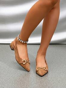 Women's Flat Pointed Toe Brown Backless Metal Buckle Suede Casual Commuter Slip-On Shoes, Spring/Autumn - Brown - View 3