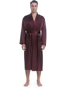 Bata de salón de satén sedoso para hombres Lavenderi, ligera y larga para dormir - Burdeos - Ver 7