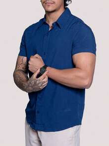 Linen Shirt Short Sleeve Formal Summer Fresh Italian Collar Elegant In Visco-Linen - 藏蓝色 - 查看 6