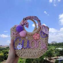1pc Personalized Straw Woven Bag, Ribbon/Pom Pom/Crochet Flower, Fashion Letter Woven Tote Bag, Straw Handbag, Party Gift Bag, Bridesmaid Gift Basket - Multicolor - View 6