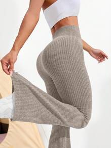 女式高腰纯色无缝喇叭形瑜伽紧身裤 - 卡其色 - 查看 2