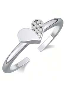 简约 925 纯银，心形，镶嵌锆石，可调节开口，优质戒指，男女通用，银饰，日常佩戴，生日礼物 - 銀色 - 查看 6
