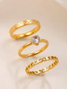 3 Peças Conjunto de Anéis de Casal Minimalistas de Aço Inoxidável com Coração Oco Diamante, Adequado para Uso Diário de Homens e Mulheres, Presente para Festival e Data