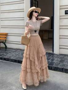 大码提花心形网纱褶裥半身裙，仙女蓬蓬蛋糕长裙 春季 - 咖色愛心 - 查看 3