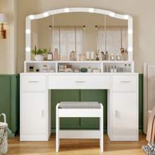 Großer Schminktisch mit Spiegel und Beleuchtung, Kosmetiktisch mit 3 Schubladen, 2 Schränken und 10 LED-Lampen, Schminktisch mit Hocker für Frauen, Schlafzimmer, Badezimmer, Weiß